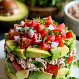 Layered Tuna, Avocado, and Chopped Tomato Stack – Cover and Simmer
